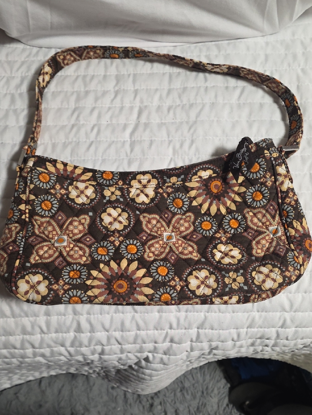 Vera Bradley Brown and Cream Floral Quilted Shoulder Bag with Orange Accents